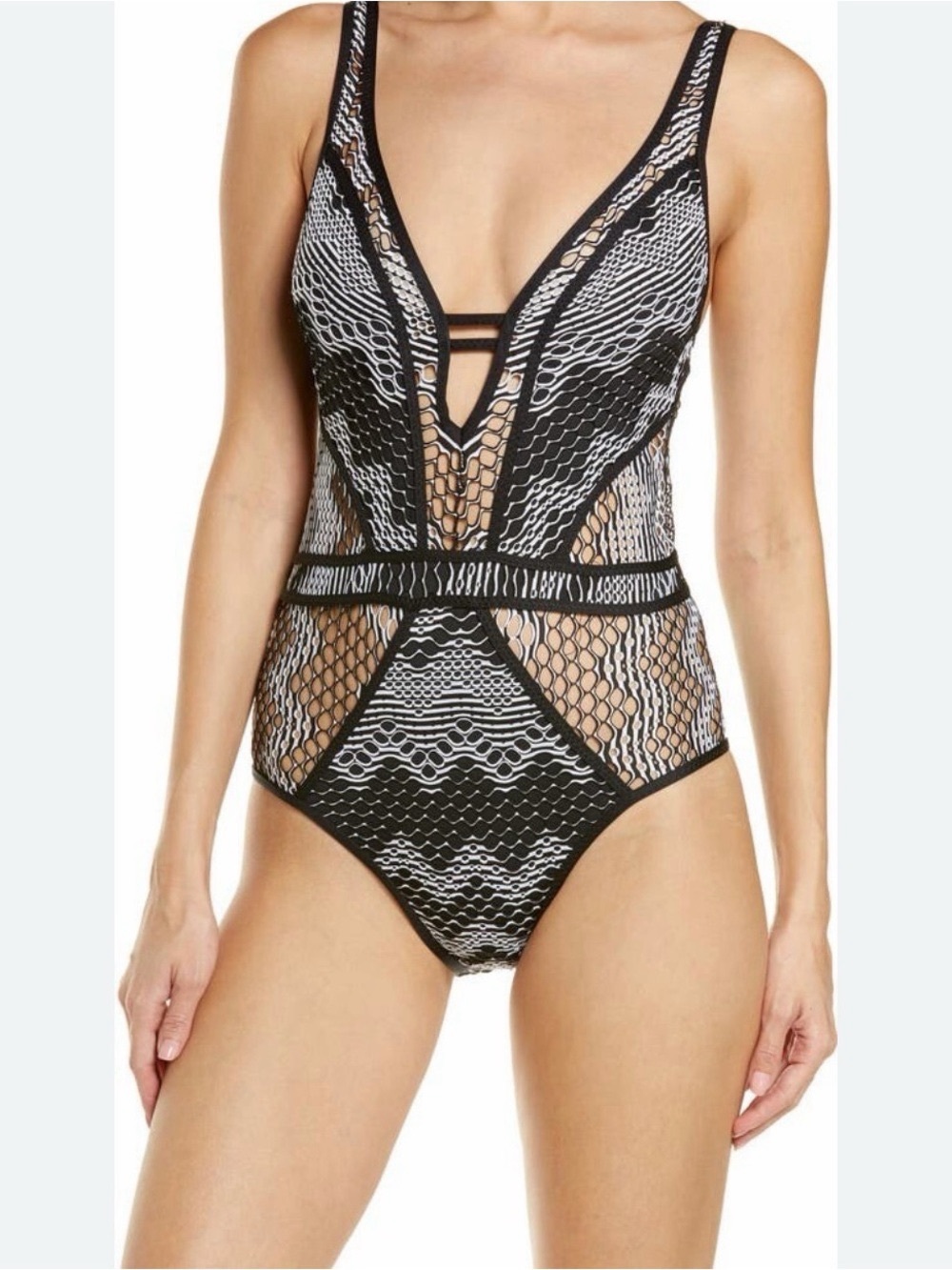 BECCA Black & White Lace-Effect One-Piece Swimsuit